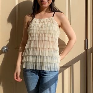 Tiered cream tulle halter tank top XS